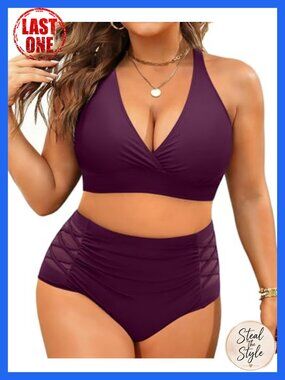 Plus Size High Waisted Two Piece Bikini Tummy Control Swimsuit